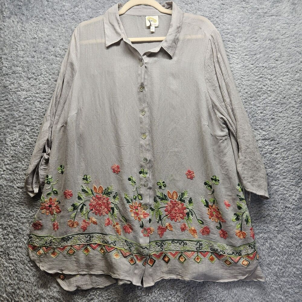 Fig & Flower Gray Embroidered Pop Over Sheer Blouse Womens Size 2x Floral Spring